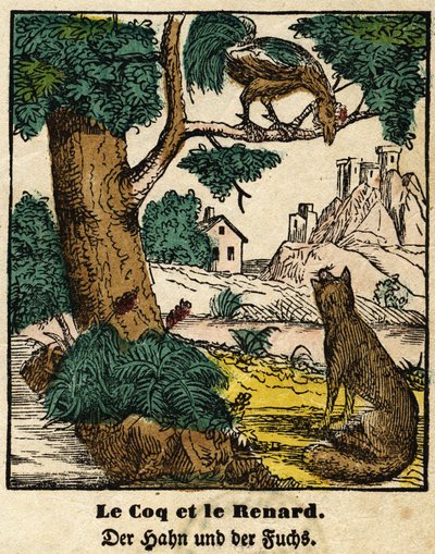 Fábulas de La Fontaine: o galo e a raposa. Imagem de Epinal, primeira metade do século XIX de French School