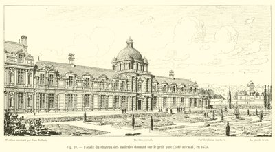 Fachada do castelo das Tulherias, com vista para o pequeno parque, costa leste, em 1575 de French School