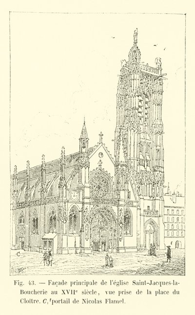 Fachada principal da igreja de Saint-Jacques-la-Boucherie no século 17, vista tirada da praça Cloitre, portão de Nicolas Flamel de French School