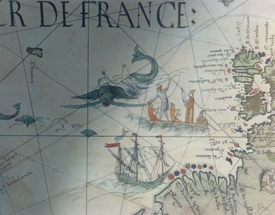 Facsmile de Whaling e Isle of Saint Brandon, detalhe de um mapa portulan por Pierre Desceliers, 1546, publicado em Monuments de la Geographie por Edme Francois Jomard (1777-1862) de French School