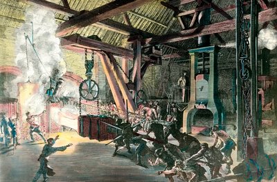 Fábrica: "Le hamteau drummer (martelo-drummer) des forges du Creusot in 1865" Gravação por volta de 1865. Coleção privada de French School