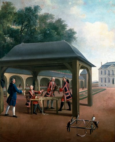 Falcoaria a criar falcões para a caça. Pintura da escola francesa do século XVIII. Versailles, museu do castelo. de French School
