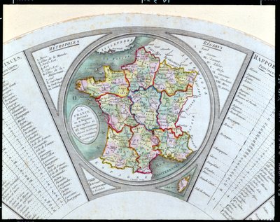 Fan retratando o mapa da França como dividido em 9 regiões, 10 metrópole e 83 departamentos, 1790 de French School