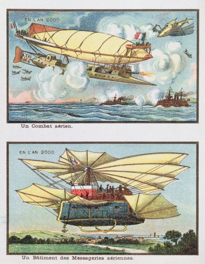Representações de fantasia de uma batalha aérea e de uma aeronave para transporte de carga no ano 2000, c.1910 de French School