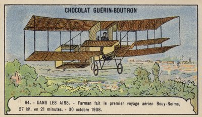 Farman fazendo o primeiro vôo de cross-country na Europa, de Bouy a Reims, França, 30 de outubro de 1908 (chromolitho) de French School