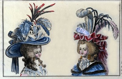 Moda século XVIII: penteado e chapéus de mulher francesa por volta de 1787. de French School