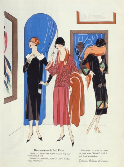 Design de moda para visitantes das galerias de arte de Paul Poiret e Philippe et Gaston, da revista Art, Gout, Beaute, 1925 de French School