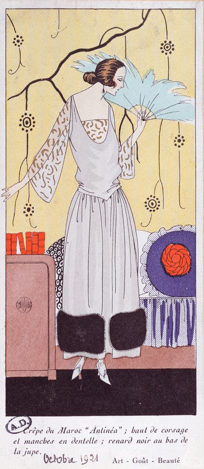 Placa de forma retratando um leque feito de penas, de Art, Gout, Beaute, 1921, (pochoir print) de French School