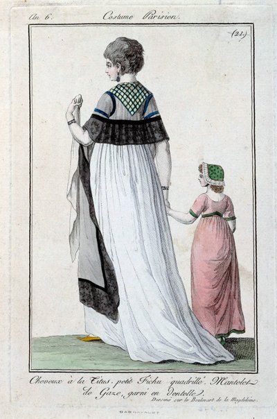 Moda sob o conselho de administração: elegante jovem parisiense usando o Titus, manto de gaze com renda. 1797. Paris, museu de fantasias de French School