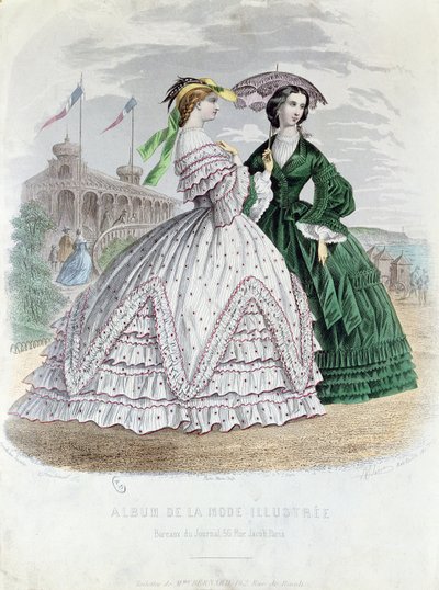 Senhoras parisienses elegantes na beira-mar, 1861 (gravura da cor) de French School