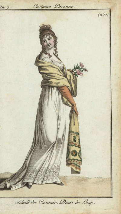 Mulher da moda usando um xaile de cashere de French School