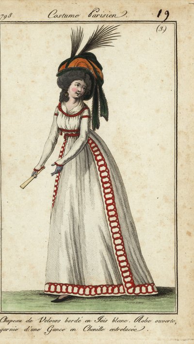 Mulher da moda com leque em enorme penteado e chapéu de French School