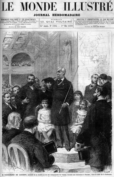 Ferdinand de Lesseps está rodeado pela sua família e companheiros de viagem, contando a sua viagem ao Panamá na Salle de la Sorbonne. Capa do "Mundo Ilustrado" de 1880. de French School