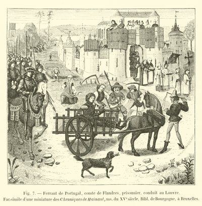 Ferrant de Portugal, Conde de Flandres, prisioneiro, leva ao Louvre, Fac-símile de uma miniatura Crônicas de Hainaut, ms do século XV, Bibl of Burgundy, tem Bruxelas de French School