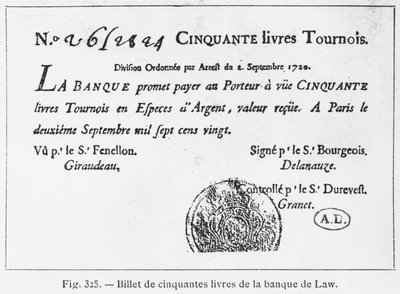Cédula francesa de cinquenta libras do Banco da Lei, datada de 2 de setembro de 1720 de French School