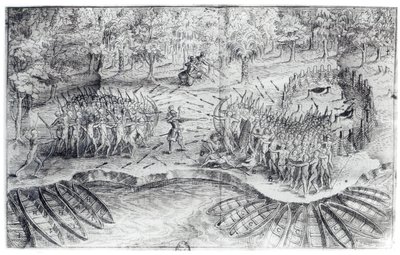 Luta de Hurons, de &39;Voyage de Champlain em 1624&39; por Samuel de Champlain (1567-1635) de French School
