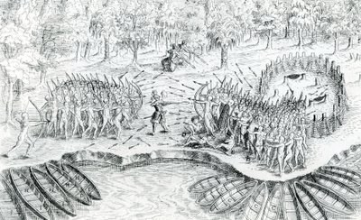 Luta de Hurons, de Voyage de Champlain em 1624 por Samuel de Champlain, 1567-1635 de French School