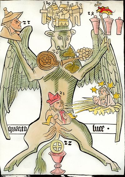Figura que simboliza o evangelista São Lucas: um touro associado à cidade de Jericó (ou Jerusalém), um cacho de uvas, um profeta, o Cristo do Juízo Final aparece com estrelas e raios de sol, um retrato de um judeu, um cálice. Gravura de "Ars de French School