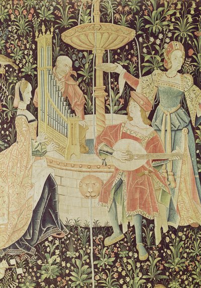 Figuras em torno de uma fonte, detalhe da oficina The Concert at the Fountain, Loire, c.1570-80 (ver 87759, 19846) de French School