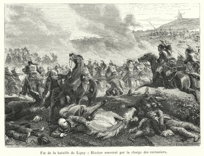 Fim da batalha de Ligny, Blucher derrubado pela carga dos cuirassiers (gravura) de French School