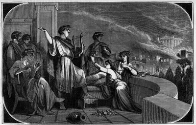 Fogo de Roma por Neron. Entre 18 e 24 de julho de 64 a cidade de Roma foi devastada por um grande incêndio alegadamente causado pelo Imperador Nero para acusar e perseguir os cristãos. Gravando no "Histoire des Papes-Rois-Queen and Empereurs a travessa les de French School