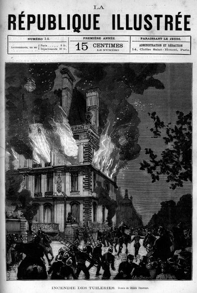 Fogo do Pavilhão Flore nas Tuileries em Paris. Um jornal. Gravura de 1880 em "La republique illustree" coleção privada. de French School
