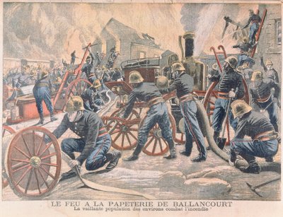 Bombeiros combatendo um incêndio em uma fábrica de papel em Ballancourt, do Le Petit Journal, 1905 de French School