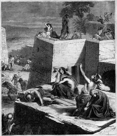 Primeira Cruzada (1096-1099): As Cruzadas alemãs esmagam os húngaros e põem as cidades em chamas. Gravação em "Histoire des Papes-Rois-Queen and Empereurs a travessa les centuries" por Maurice Lachatre de French School