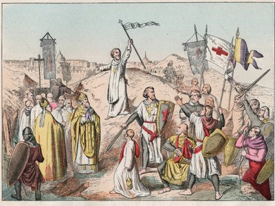 Primeira Cruzada: o cerco e a captura de Jerusalém pelos crois liderados por Godefroy de Bouillon (1058-1100) em 1099 - Godfrey de Bouillon no Cerco de Jerusalém - Gravura do final do século XIX em "Nos Gires Nationales - Imagens e de French School