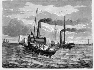 Primeira tentativa para a instalação de um condutor elétrico de Dover a Calais (1851) - no "Álbum da Ciência; Cientistas ilustres; Grandes descobertas" 1896. de French School