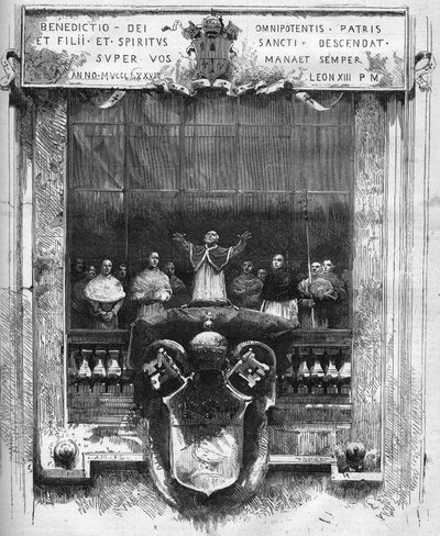 Primeira benção do Papa Leão XIII (Leone) (1810-1903) do topo do pódio interior de São Pedro em 20 de fevereiro de French School