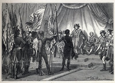 Primeira coligação: Joachim Murat (1767-1815) apresenta ao Conselho Executivo as bandeiras conquistadas pelo exército francês, comandado por Napoleão Bonaparte, durante a campanha italiana. Gravura a partir de 1889. Coleção privada. de French School