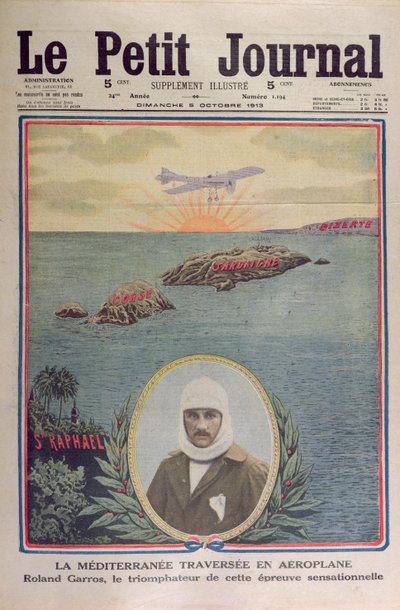 Primeira travessia do Mar Mediterrâneo 23 de setembro de 1913 por Roland Garros (1888-1918), ilustração da capa do le Petit Journal 5 de outubro de 1913 de French School