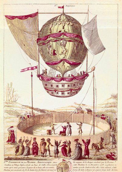 Primeiro voo de um balão de ar quente, 22 de dezembro de 1783 em Defsessebruk (País de Gales) (litografia) de French School