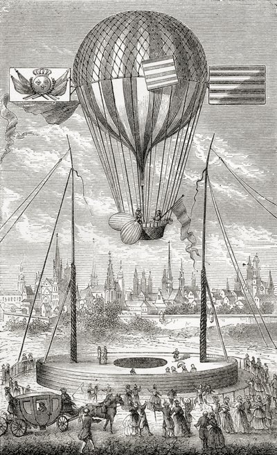 Primeiro voo com balão dirigível, de Dijon, 12 de junho de 1784, de &39;Wonderful Balloon Ascents ou the Conquest of the Skies&39;, de Fulgence Marion, publicado em c.1870 de French School
