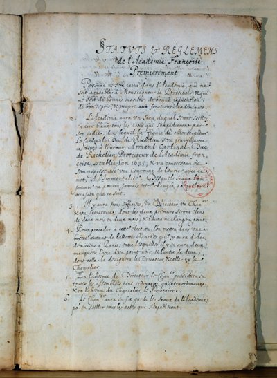 Primeira página dos estatutos da Academia Francesa, 1635 (tinta sobre papel) (ver também 179947) de French School