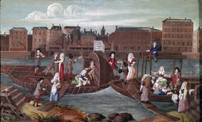 Peixe e alfazema nas costas. Detalhe nas costas mostrando o lazer dos lavanjeiros comendo, conversando com outros artesãos (porta-água, engraxador) e dançando em um barco no Sena. Pintura da escola francesa do século XVII de French School