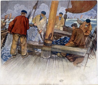 Pescadores a esvaziar uma rede a bordo de French School