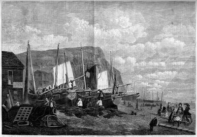 Barcos de pesca em Hastings Beach, Inglaterra de French School