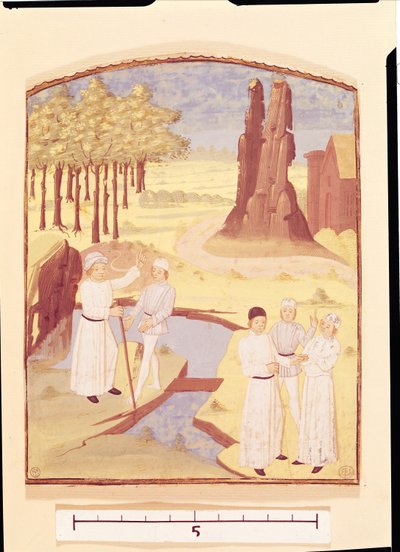 Cinco pessoas discutindo design de jardins, do Livre des Prouffitz Champestres de Pietro de Crescenzi (1230-132021) de French School