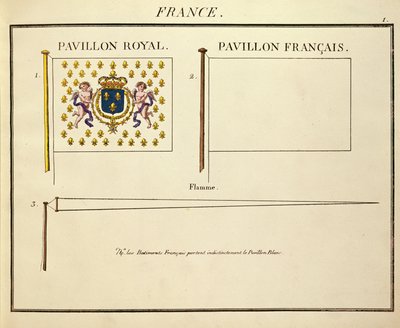 Bandeira de Luís XVIII e Carlos X, reis da França, de Pavillons des Puissances Maritimes (gravura a cores) de French School