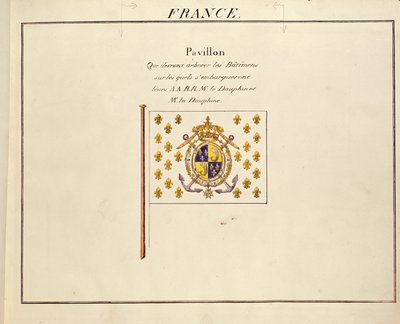 Bandeira do Dauphin e Dauphine, Louis-Antoine e Marie-Therese da França, de Pavillons des Puissances Maritimes, c.1815-30 (gravura a cores) de French School