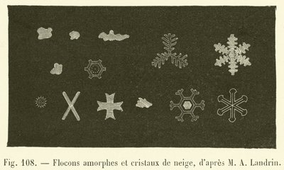 Flocos amorfos e cristais de neve (gravura) de French School