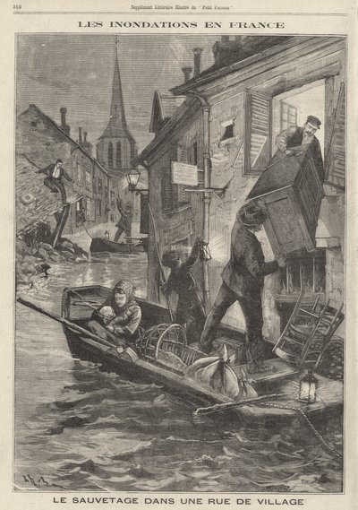 Inundações na França: moradores de uma vila usando um barco para resgatar seus pertences de sua casa inundada de French School