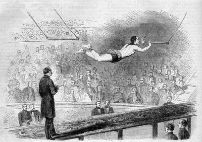 Número de trapézio voador pelo acrobata francês Jules Leotard (1839-1870) no Cirque de Napoleon (hoje, Cirque d