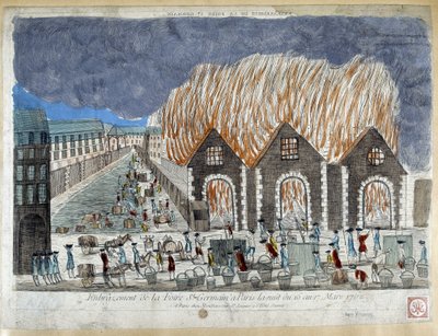 Foire Saint Germain em Paris, na noite de 16 para 17 de março de 1762 - gravura de French School