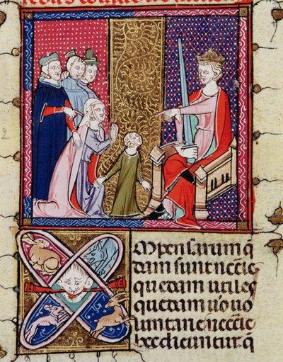 Fol.11v Uma criança e sua mãe aparecem diante de um juiz, de Justiniani em Fortiatum de French School