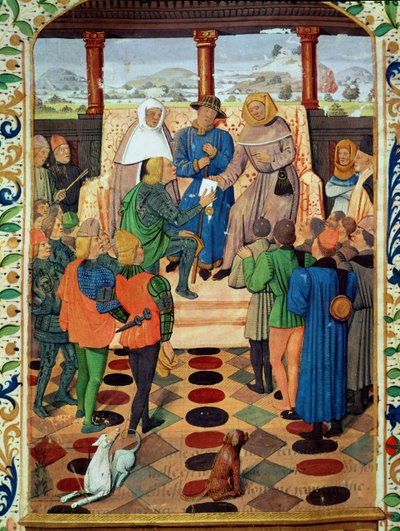 Fol.185v Charles VII (1403-61) dando um documento a Joana d&39;Arc (1412-31) de Le Jouvencel por Jean de Bueil (1405-78) de French School