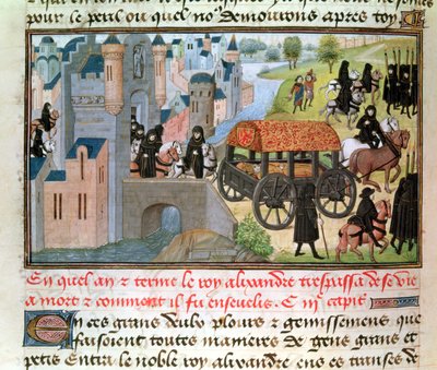 Fol.305v Como Alexandre, o Grande (356-323 aC) Passado e Enterrado, do manuscrito de Jean Vauquelin, da Histoire du Grand Alexandre, 1460 de French School