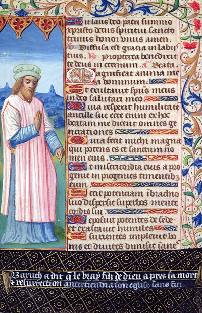 Fol.36v Texto do Magnificat com um retrato de Baruch, de Heures a lusage de Rome de French School